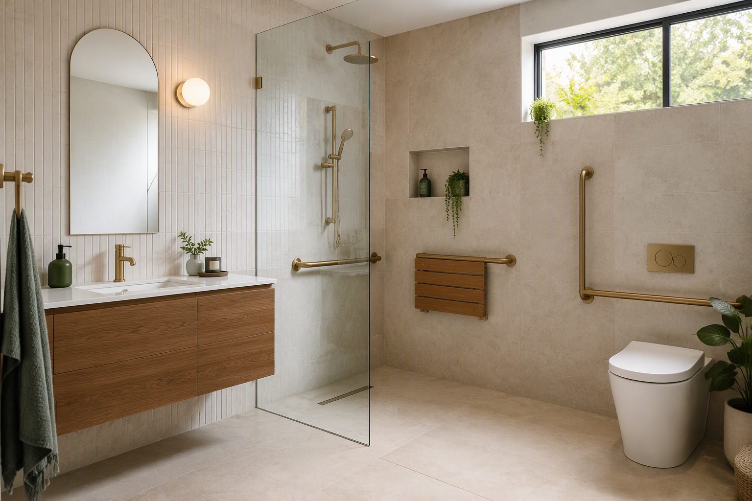 Accessible bathroom renovation with grab rails and a level-access shower
